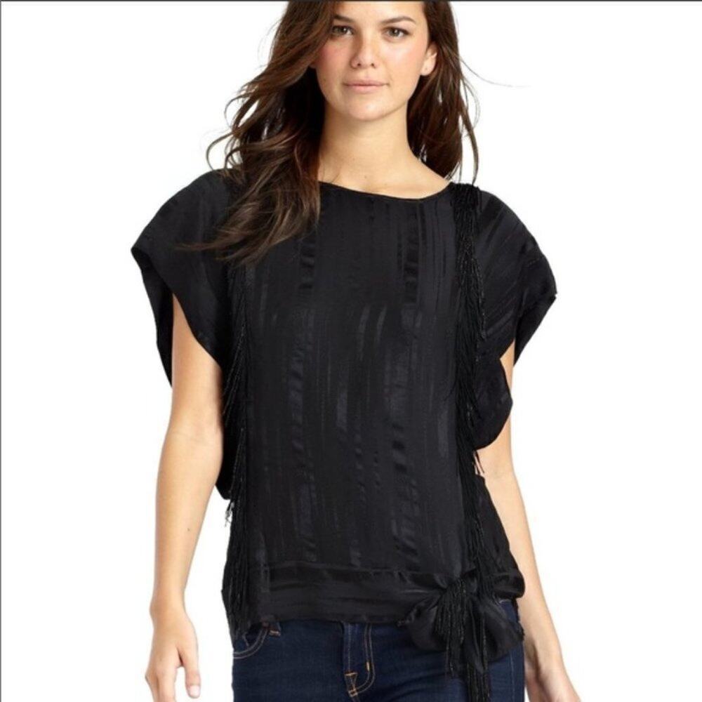 BCBGMAXAZRIA Black Silk Ruffle Blouse Top Beaded Fringe with Shinny Stripes  XXS